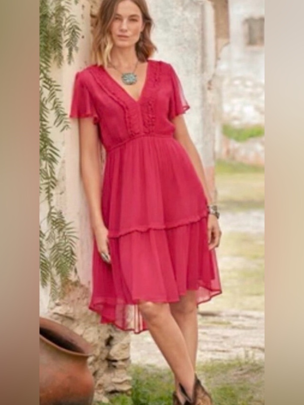 Sundance Monaco Meetup Dress Pink Women Medium Tiered Flowy Pheasant Cowgirl